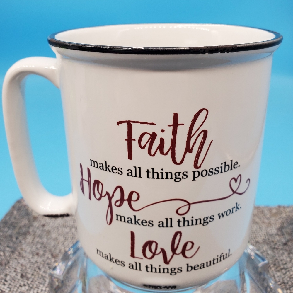 Country Distressed Stoneware " FAITH HOPE LOVE " Beautiful Mug. (C14)
